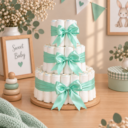 Handgemaakte mint luiertaart met 80 Pampers