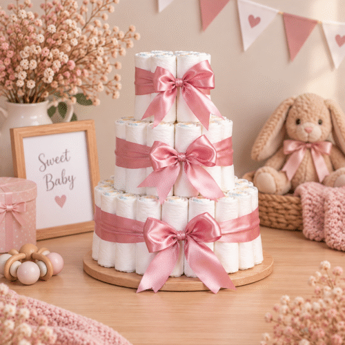 Handgemaakte roze luiertaart met 80 Pampers voor meisje