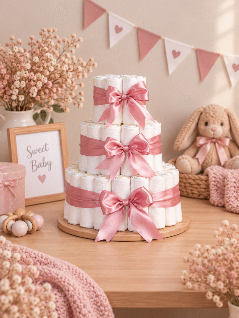 Handgemaakte roze luiertaart met 80 Pampers voor meisje