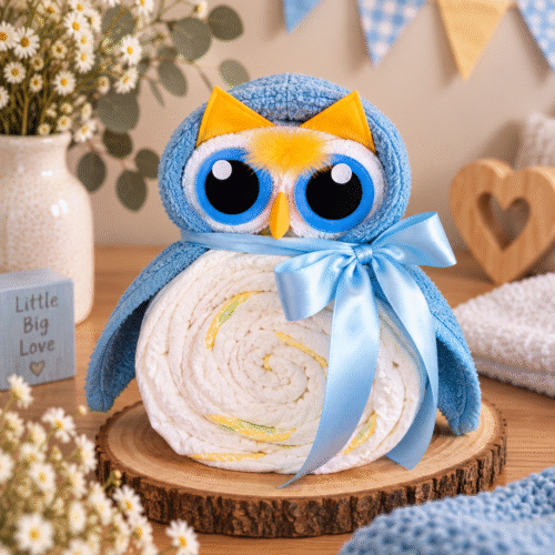 Luiertaart baby uiltje blauw handgemaakt