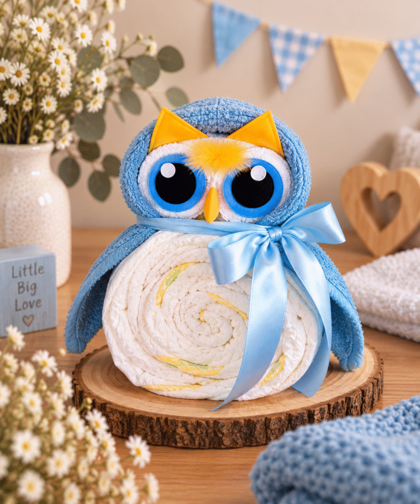 Luiertaart baby uiltje blauw handgemaakt