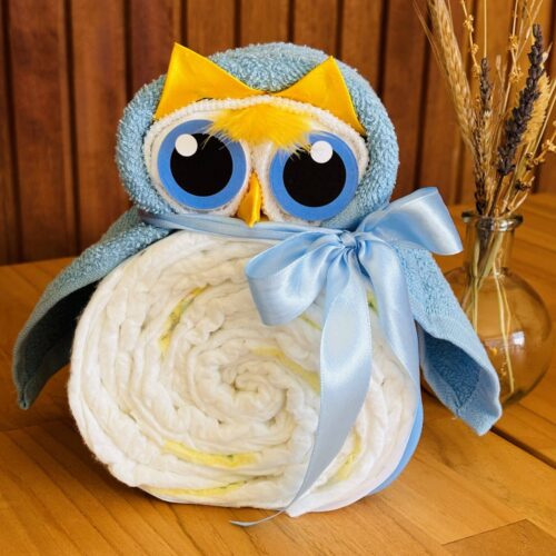 Luiertaart baby uiltje blauw handgemaakt