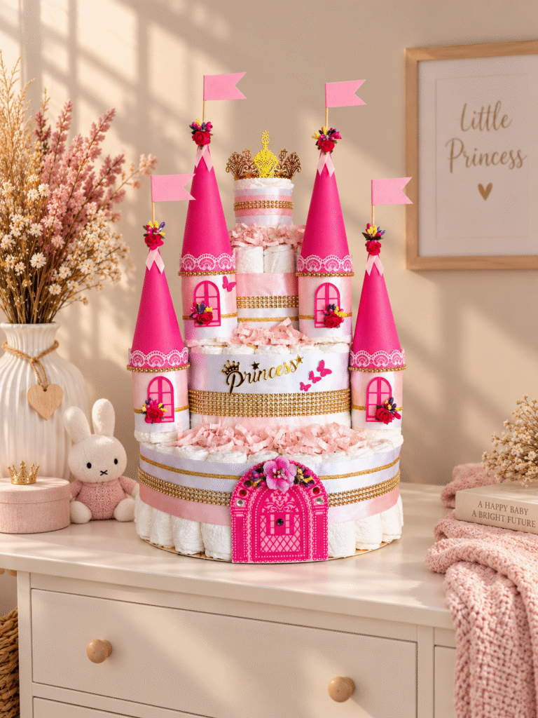 Luiertaart Kasteel roze met 91 Pampers