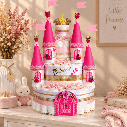 Luiertaart Kasteel roze met 91 Pampers