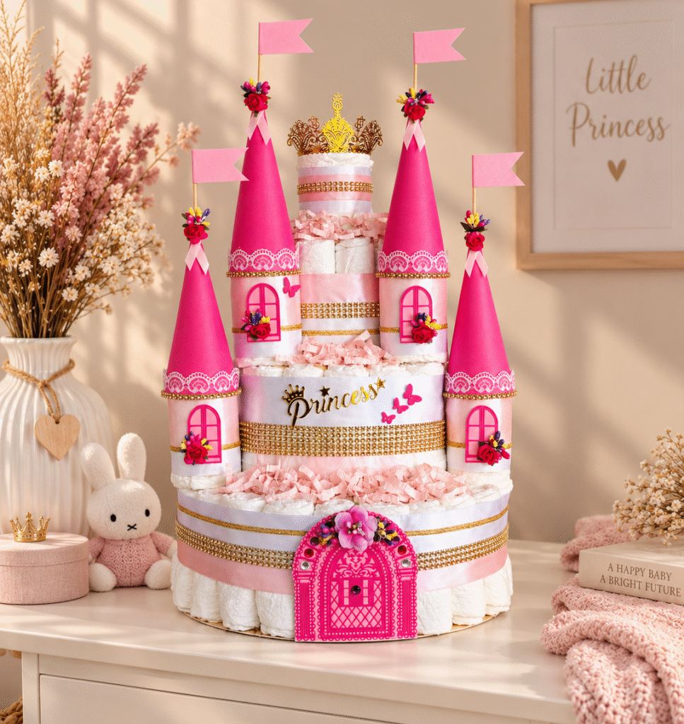 Luiertaart Kasteel roze met 91 Pampers