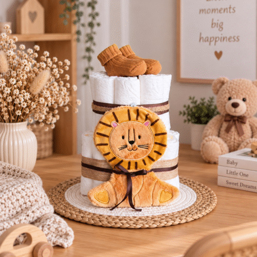luiertaart met knisperleeuw handgemaakt cadeau