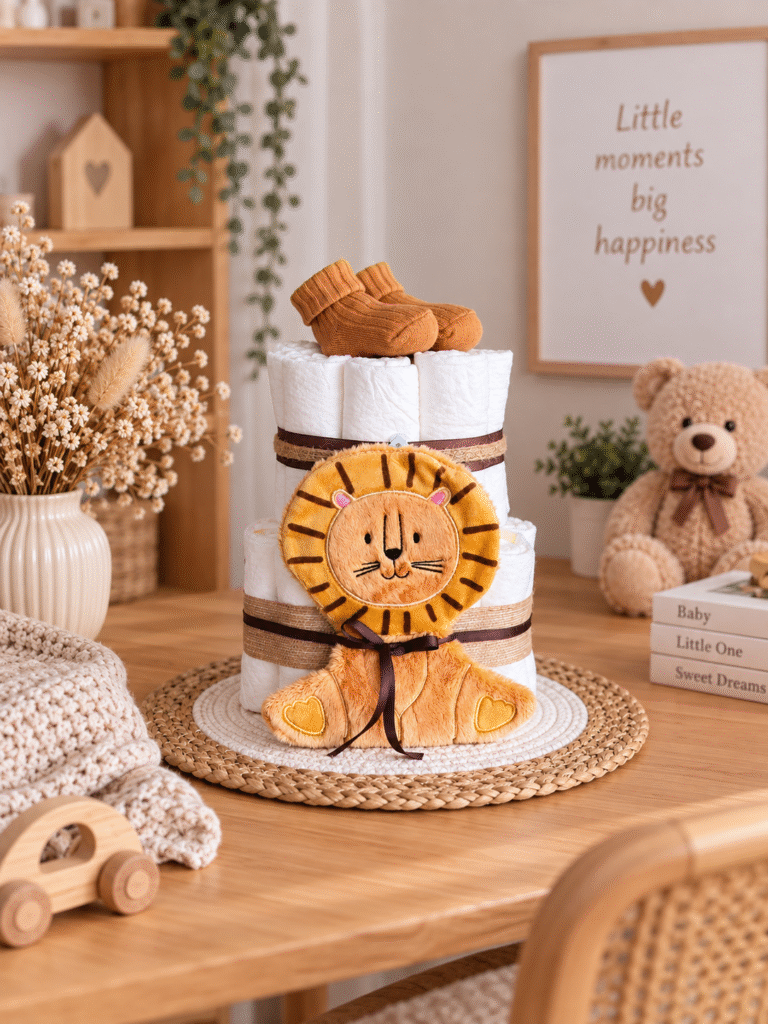 luiertaart met knisperleeuw handgemaakt cadeau