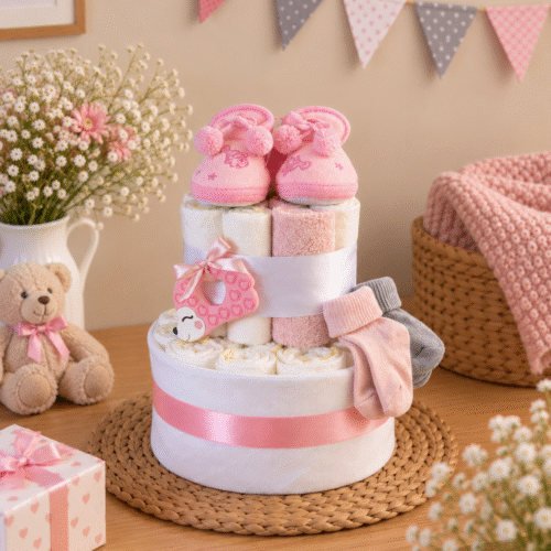 Roze kraamcadeau met baby pantoffels