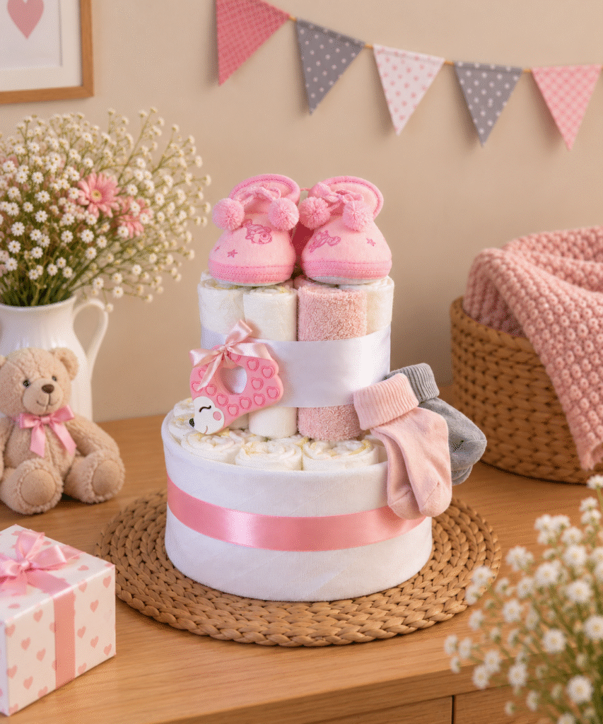 Roze kraamcadeau met baby pantoffels
