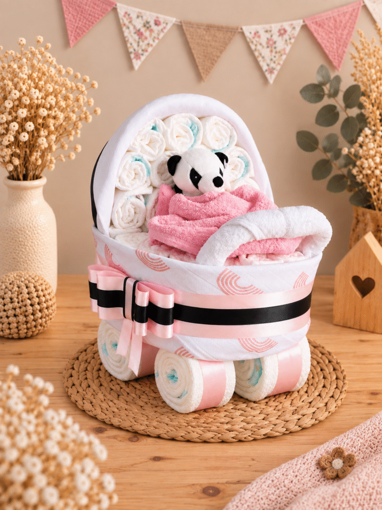 Babyshower cadeau Panda wandelwagen roze