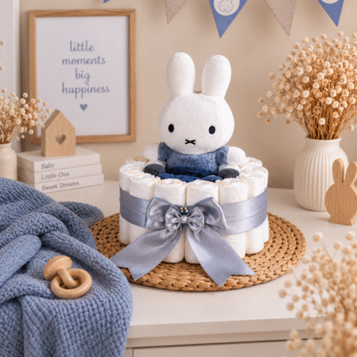 Luiertaart met Nijntje Fluffy Blauw handgemaakt kraamcadeau