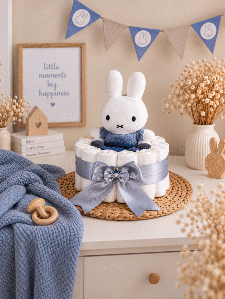 Luiertaart met Nijntje Fluffy Blauw handgemaakt kraamcadeau