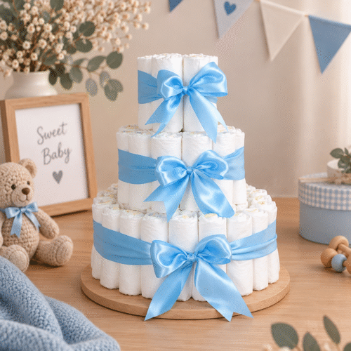 Handgemaakte blauw luiertaart met 80 Pampers