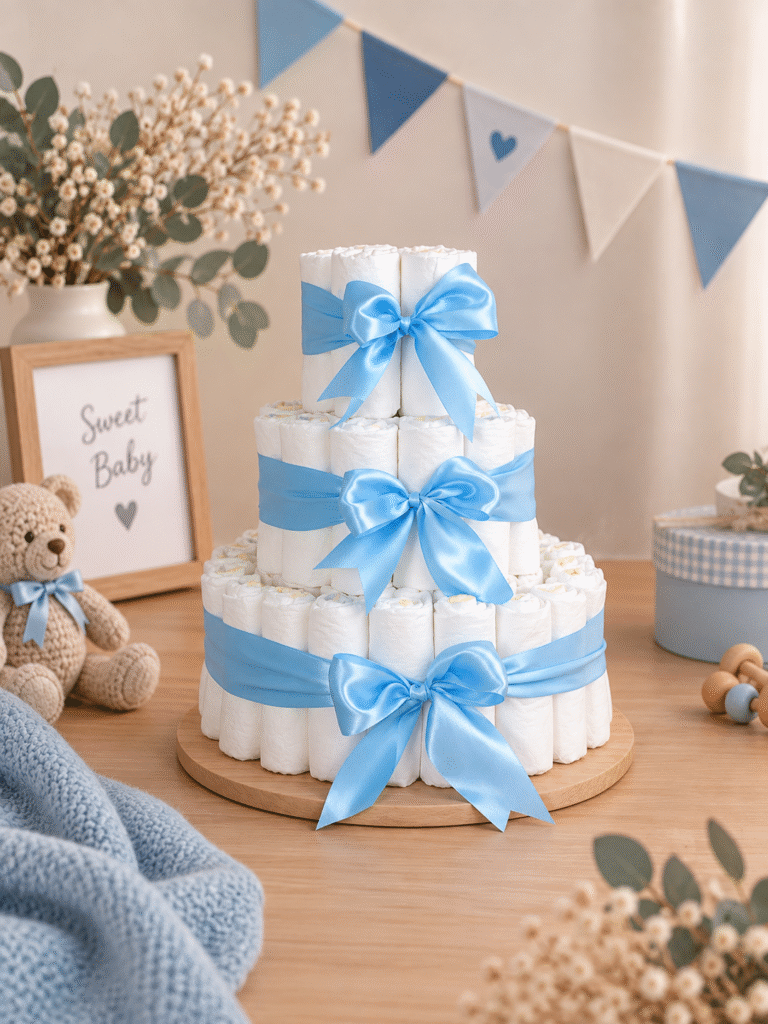 Handgemaakte blauw luiertaart met 80 Pampers