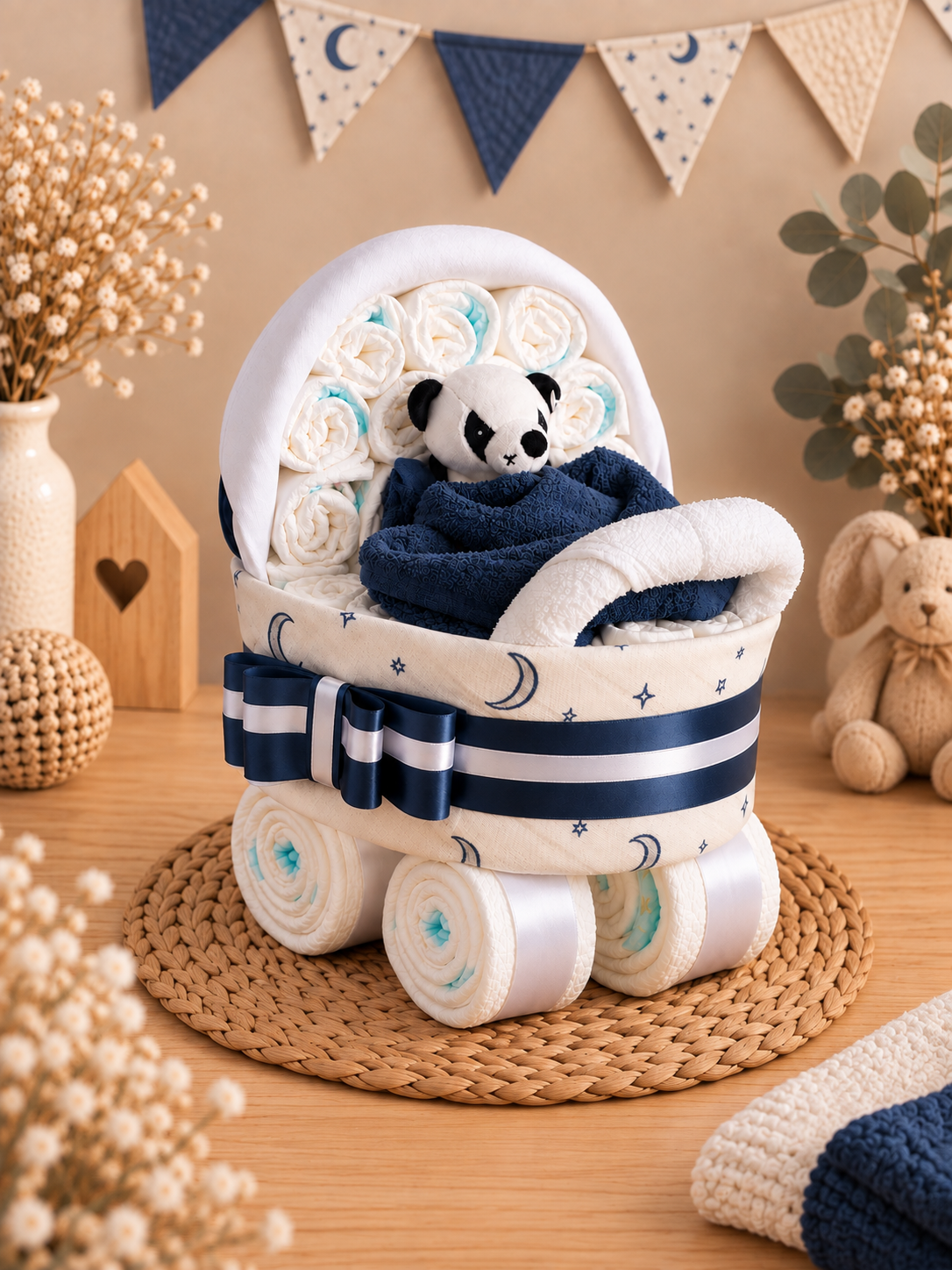Handgemaakte Panda Luiertaart blauw Babyshower cadeau Panda wandelwagen blauw