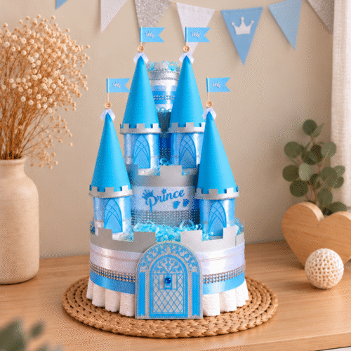 Luiertaart Kasteel blauw met 91 Pampers