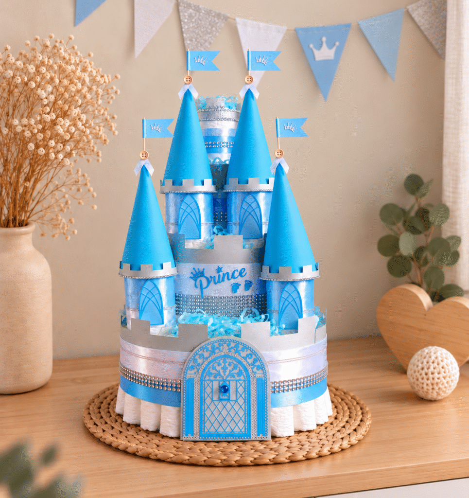 Luiertaart Kasteel blauw met 91 Pampers