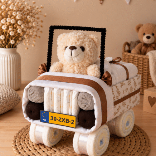 Luiertaart Auto met Beer Natural met 46 Pampers