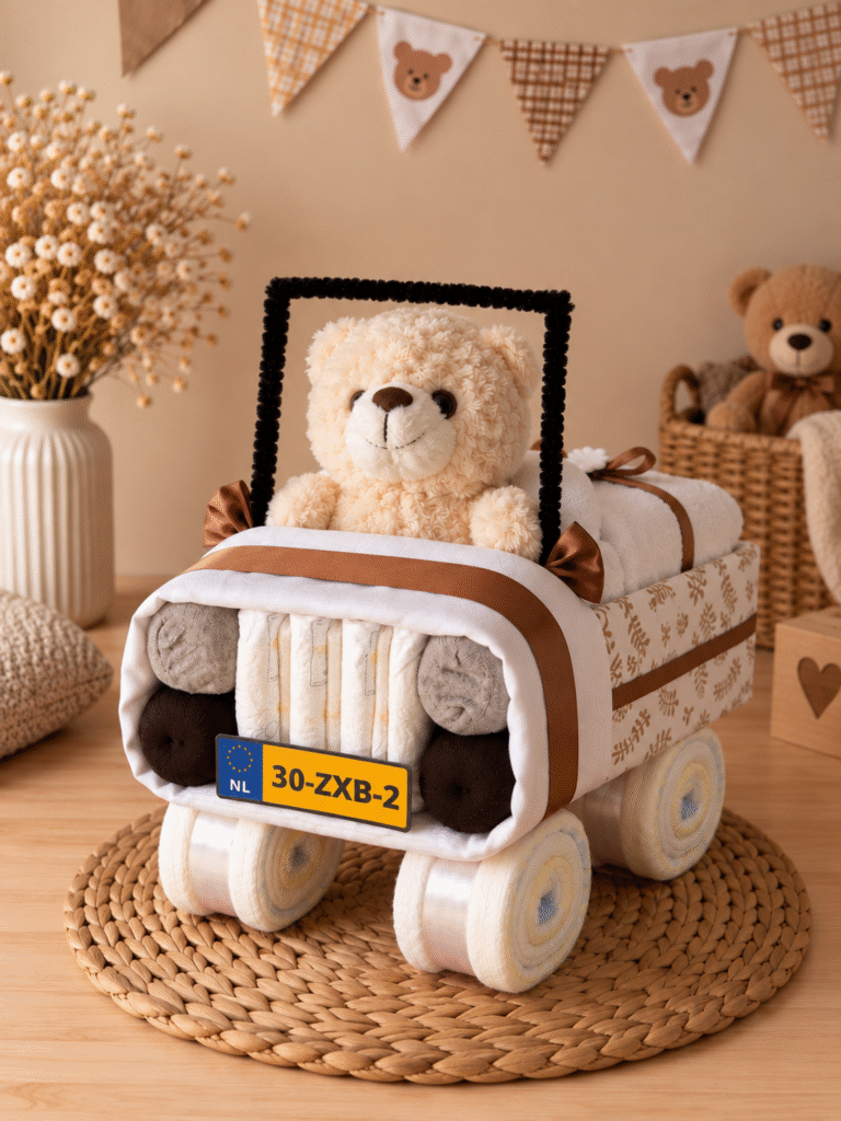 Luiertaart Auto met Beer Natural met 46 Pampers