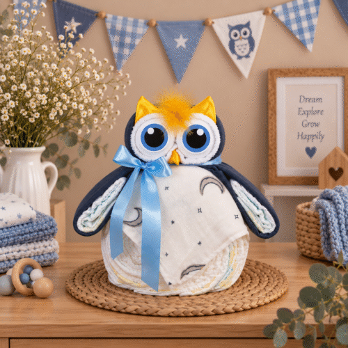 Blauwe uiltje luiertaart met babyaccessoires