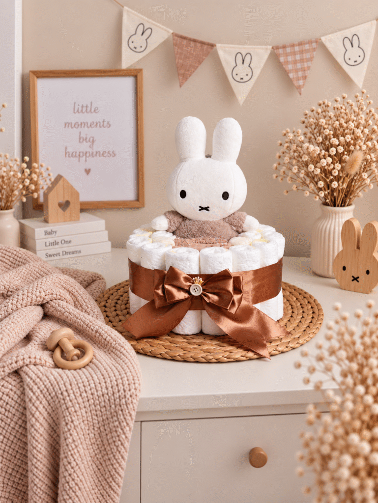 Taupe luiertaart met zachte Nijntje knuffel