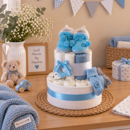 Pampers luiertaart met blauwe pantoffels
