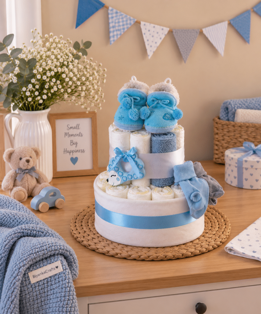 Pampers luiertaart met blauwe pantoffels