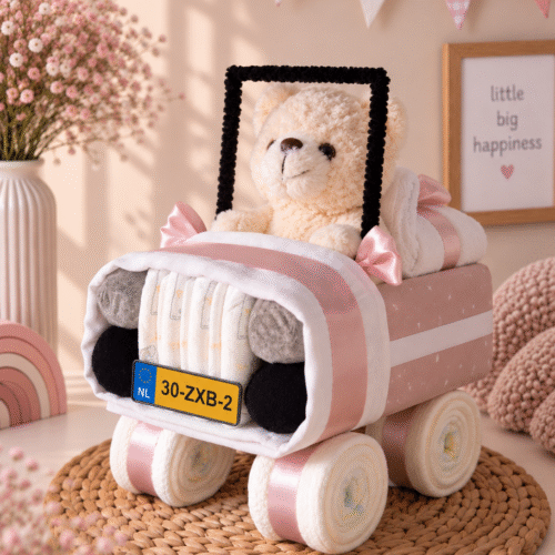 Luiertaart Auto met Beer roze handgemaakt