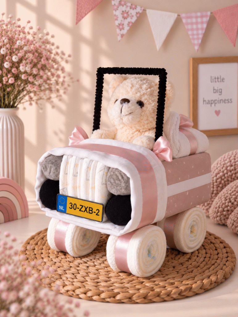 Luiertaart Auto met Beer roze handgemaakt
