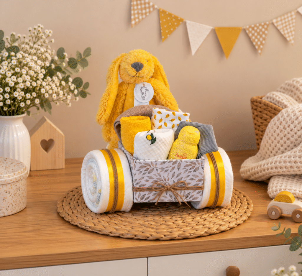 Luiertaart Bakfiets met Konijntje geel handgemaakt kraamcadeau