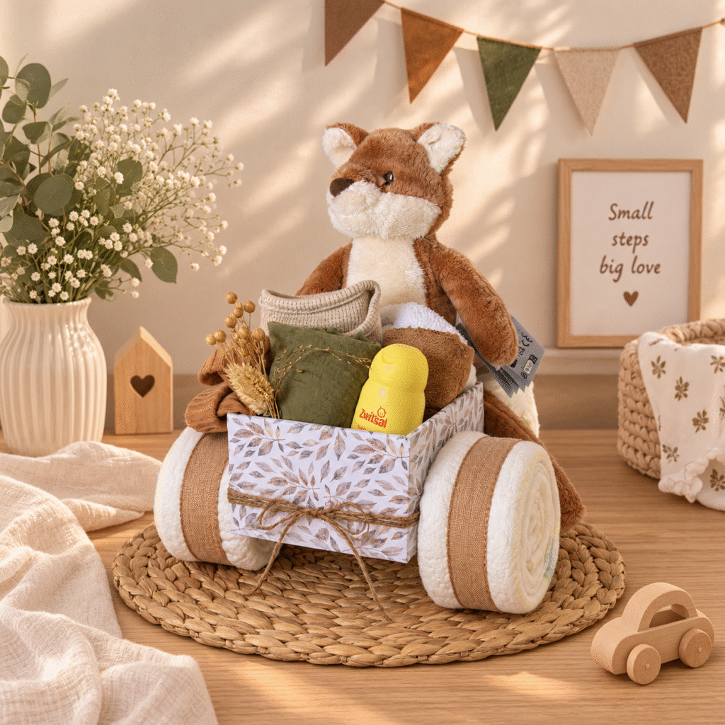 Luiertaart Bakfiets met Vosje natural handgemaakt kraamcadeau