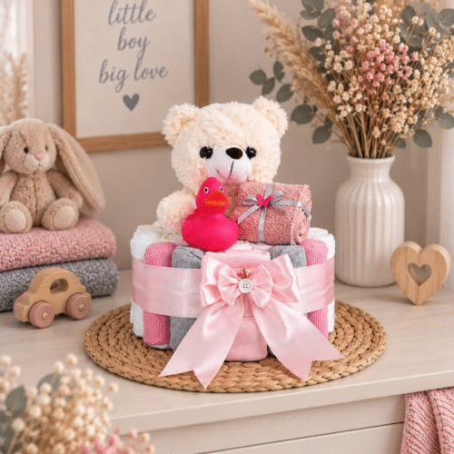 Luiertaart met beertje in roze handgemaakt