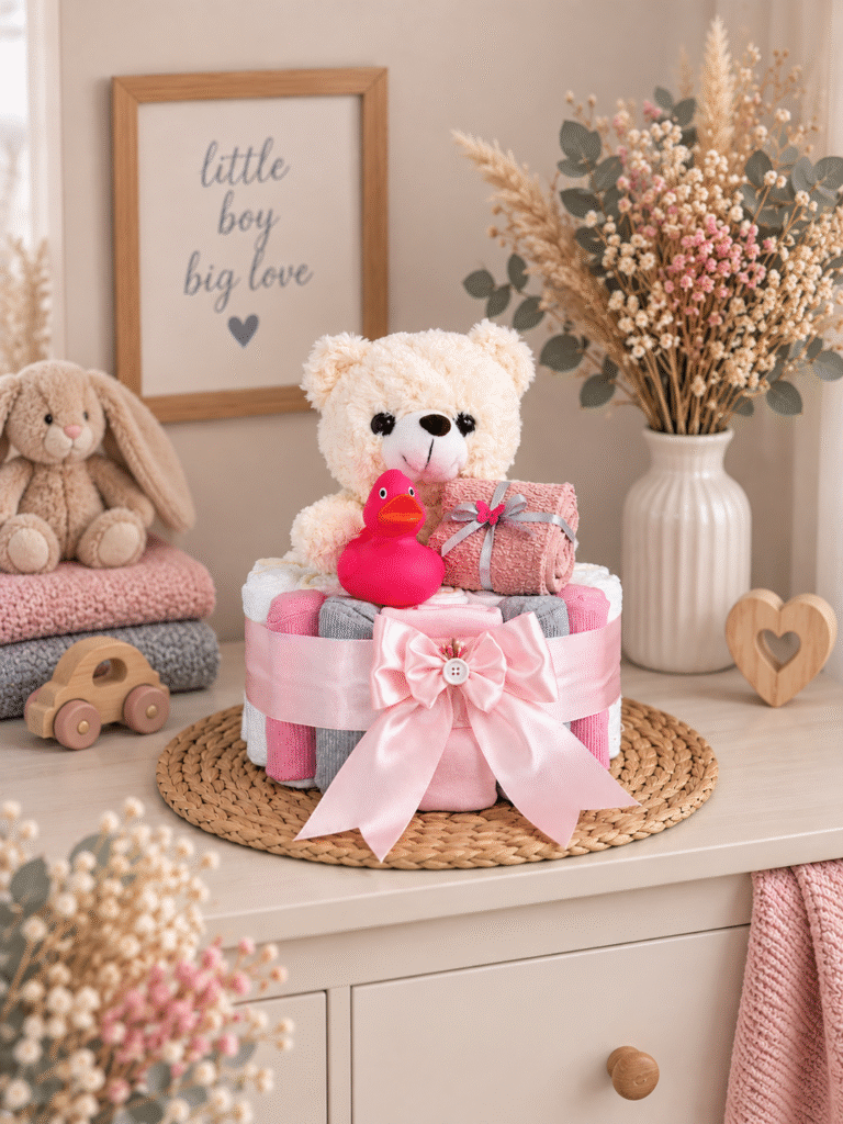 Luiertaart met beertje in roze handgemaakt