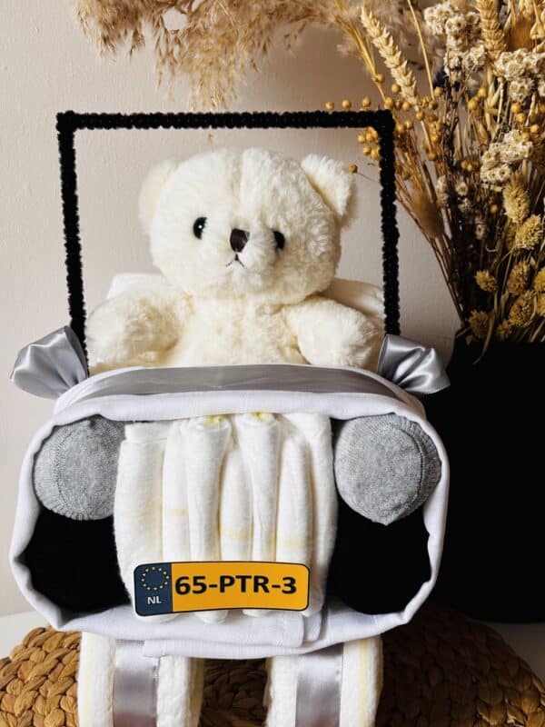 Luiertaart Auto met Beer - grijs