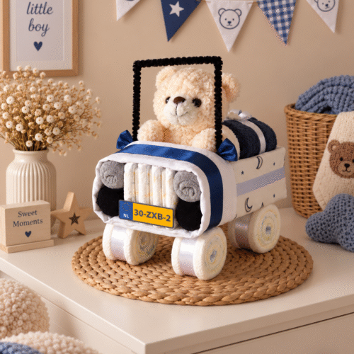 Luiertaart Auto met Beer blauw handgemaakt