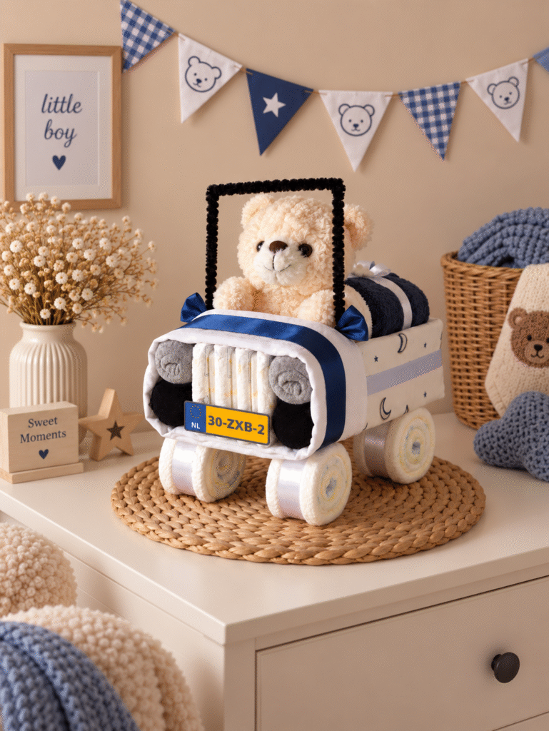 Luiertaart Auto met Beer blauw handgemaakt