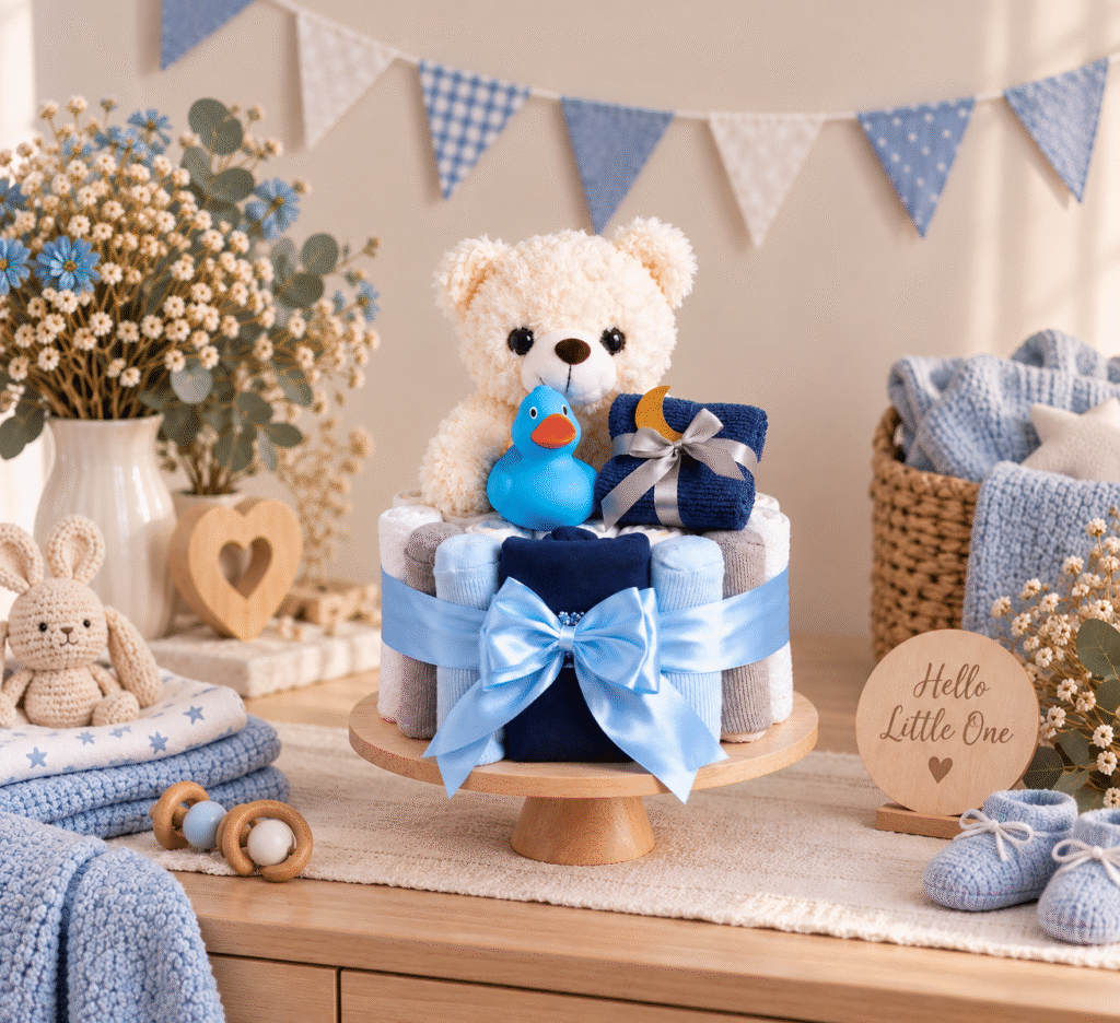 Luiertaart met beertje in blauw handgemaakt
