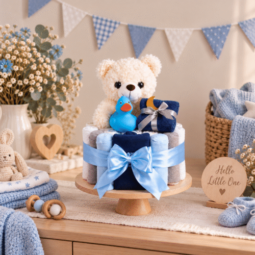 Luiertaart met beertje in blauw handgemaakt