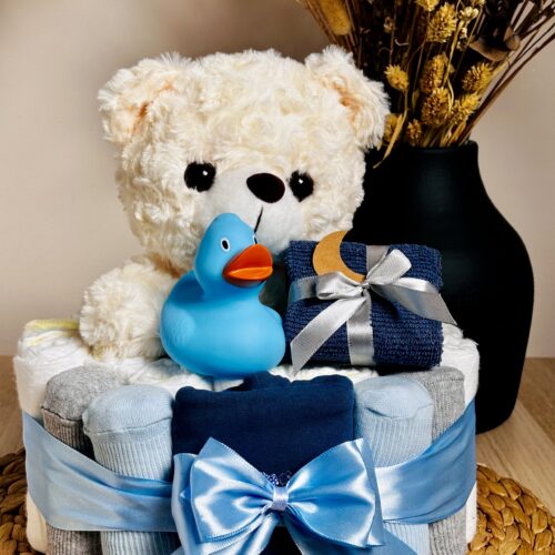 Luiertaart met beertje in blauw handgemaakt