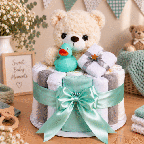 Luiertaart met beertje in mint handgemaakt