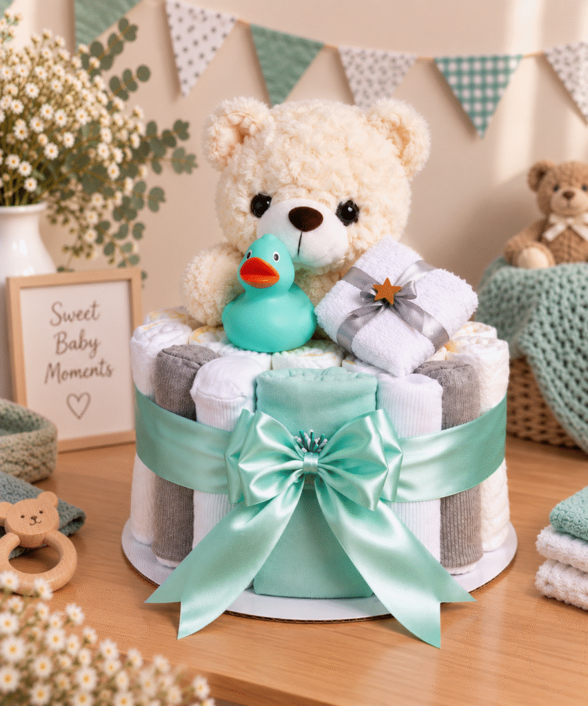 Luiertaart met beertje in mint handgemaakt