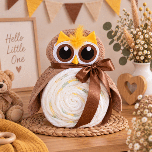 Handgemaakte luiertaart beige met sokjes
