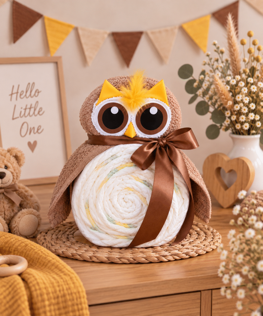 Handgemaakte luiertaart beige met sokjes