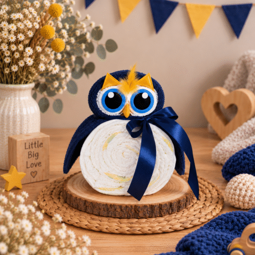 Luiertaart baby uiltje donkerblauw handgemaakt