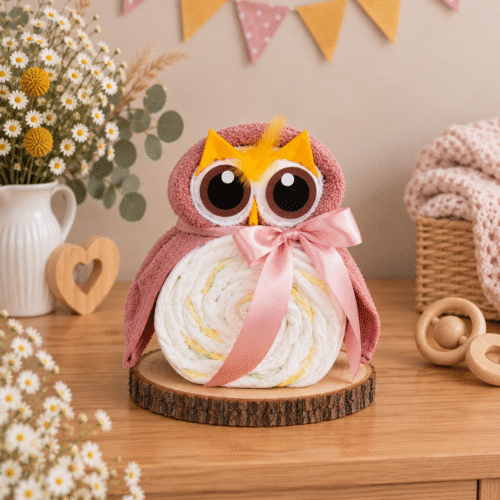 Babyshower cadeau uiltje luiertaart roze