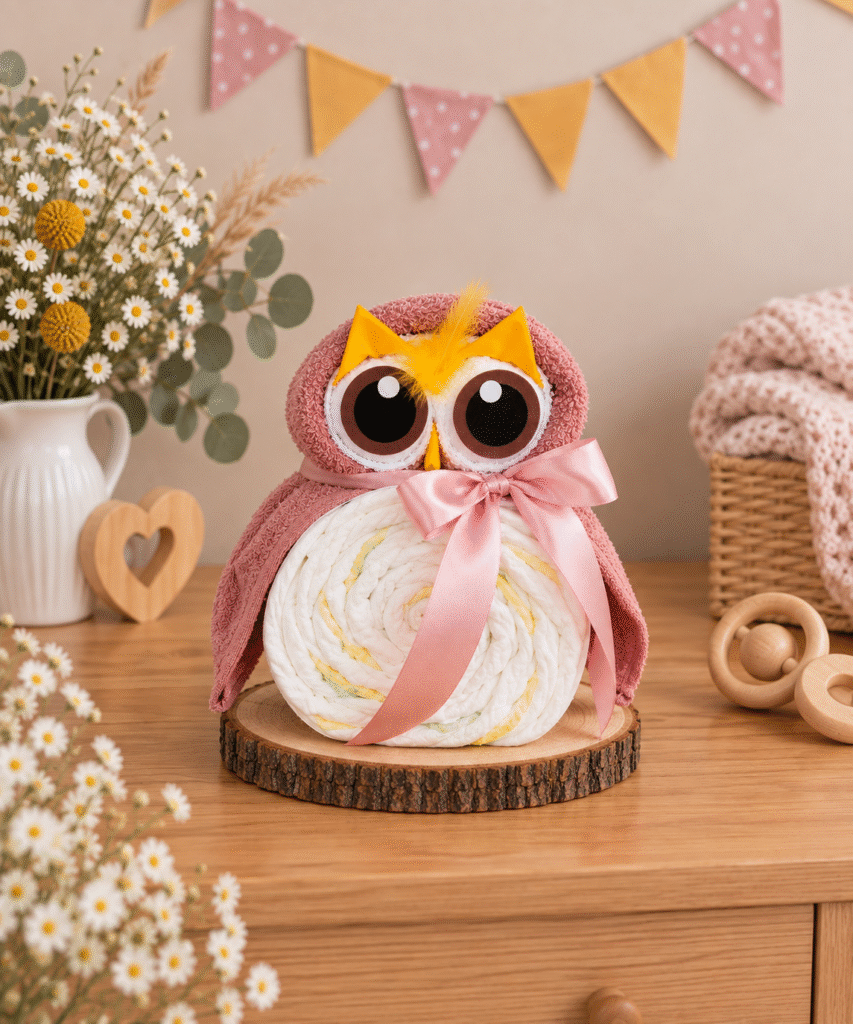Babyshower cadeau uiltje luiertaart roze