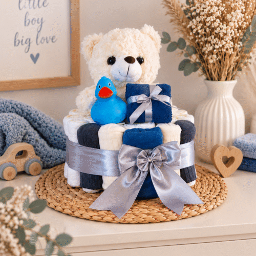 Luiertaart met beertje in blauw en grijs handgemaakt