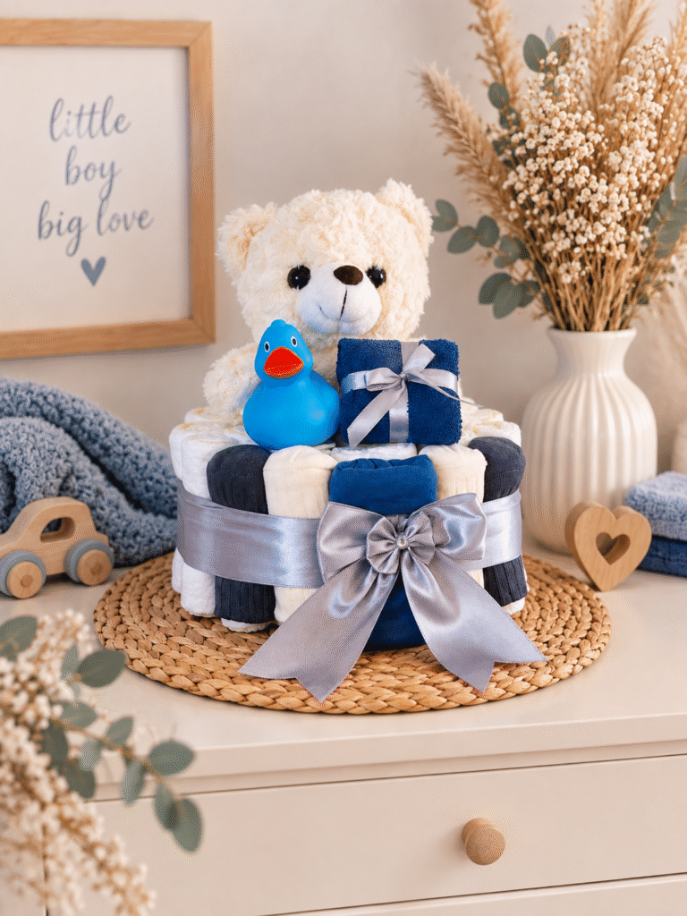 Luiertaart met beertje in blauw en grijs handgemaakt