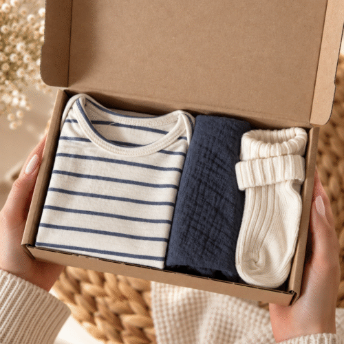 Brievenbus Kraamcadeau Blauw met babyromper en babysokjes