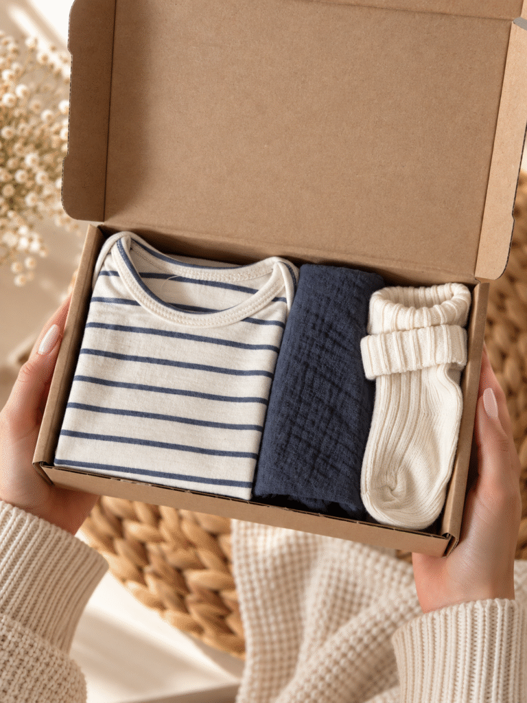 Brievenbus Kraamcadeau Blauw met babyromper en babysokjes